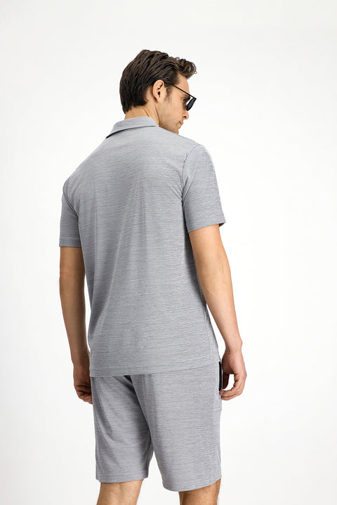 Açık Gri Slim Fit Dar Kesim Baskılı Polo Yaka Tişört