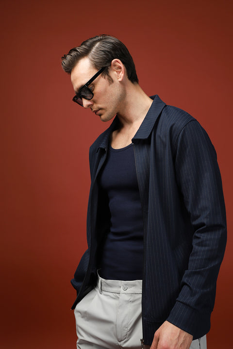 Orta Lacivert Mevsimlik Polo Yaka Regular Fit Çizgili Fermuarlı Sweat Mont