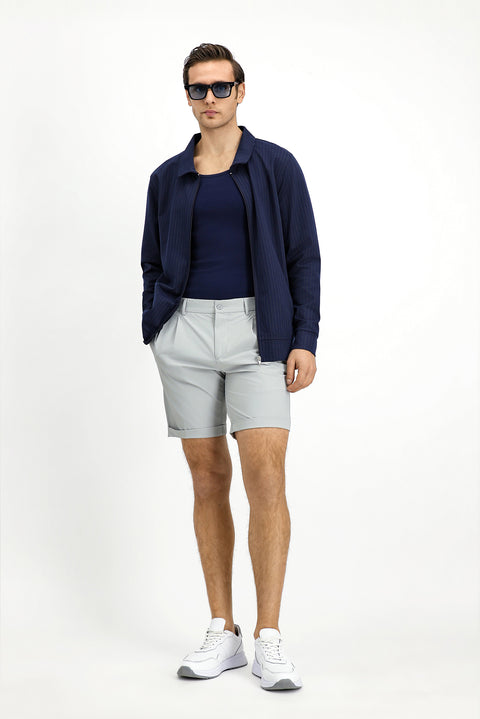 Orta Lacivert Mevsimlik Polo Yaka Regular Fit Çizgili Fermuarlı Sweat Mont