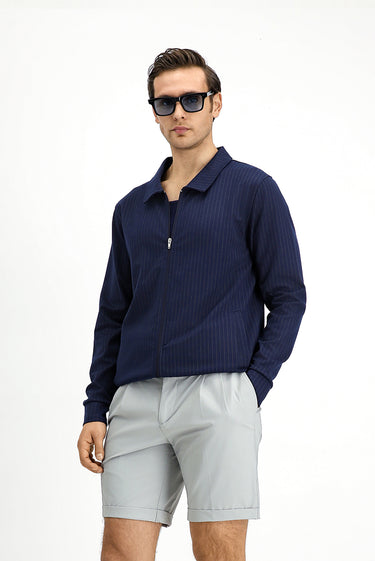 Orta Lacivert Mevsimlik Polo Yaka Regular Fit Çizgili Fermuarlı Sweat Mont