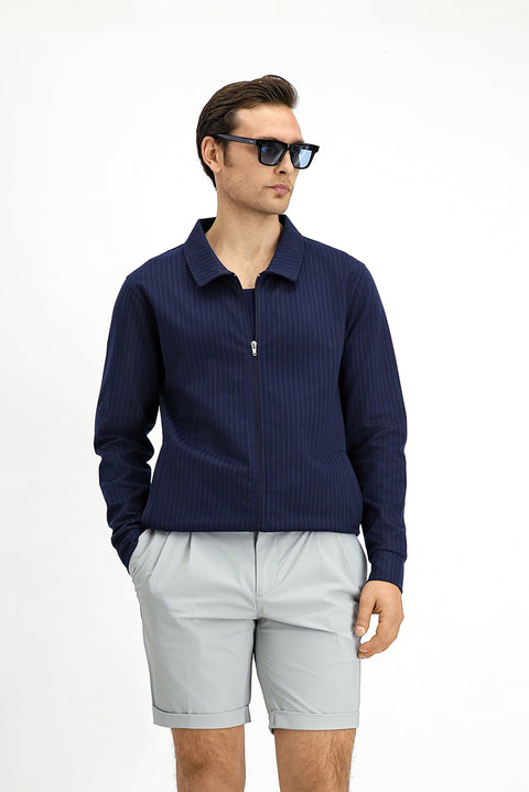 Orta Lacivert Mevsimlik Polo Yaka Regular Fit Çizgili Fermuarlı Sweat Mont