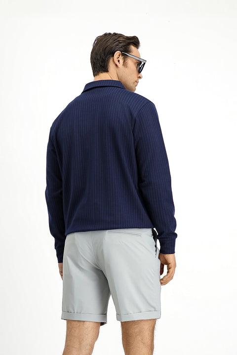 Orta Lacivert Mevsimlik Polo Yaka Regular Fit Çizgili Fermuarlı Sweat Mont