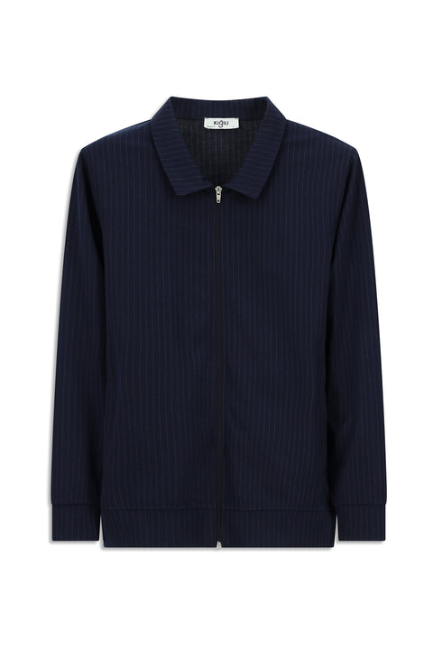 Orta Lacivert Mevsimlik Polo Yaka Regular Fit Çizgili Fermuarlı Sweat Mont