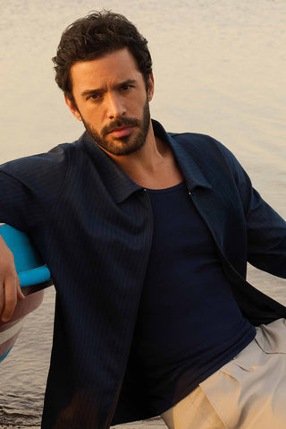  Koyu Lacivert Slim Fit Dar Kesim Pamuk Fitilli Atlet