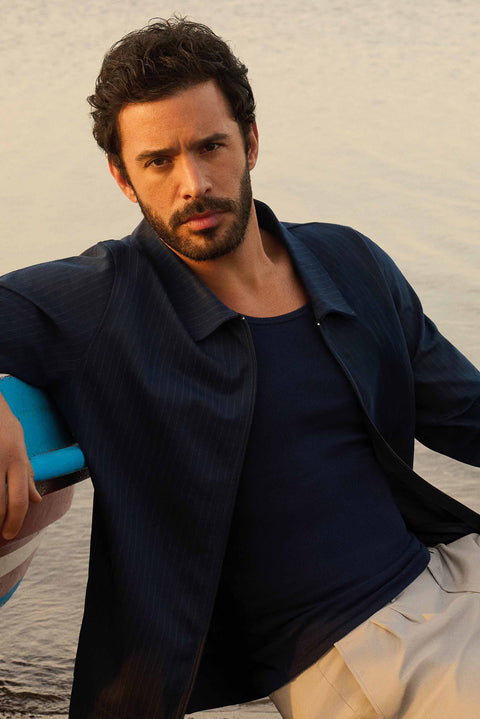 Koyu Lacivert Slim Fit Dar Kesim Pamuk Fitilli Atlet