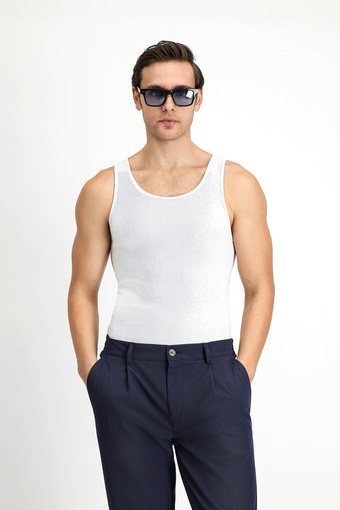 Beyaz Slim Fit Dar Kesim Pamuk Fitilli Atlet