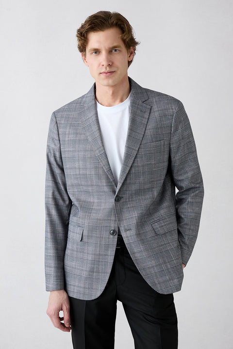 Orta Gri 4 Drop Relaxed Fit Rahat Kesim Mono Yaka Klasik Ekose Ceket