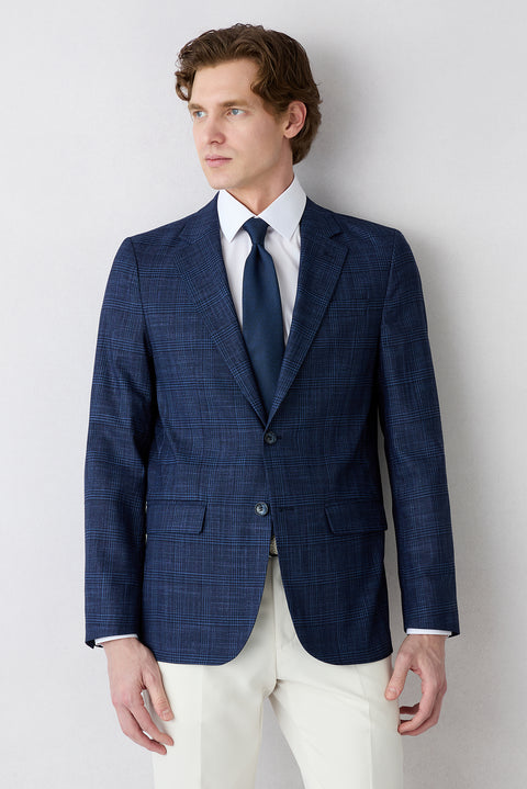 Açık Lacivert 7 Drop Slim Fit Dar Kesim Mono Yaka Klasik Ekose Ceket