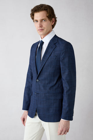  Açık Lacivert 7 Drop Slim Fit Dar Kesim Mono Yaka Klasik Ekose Ceket