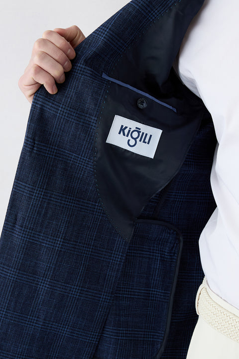 Açık Lacivert 7 Drop Slim Fit Dar Kesim Mono Yaka Klasik Ekose Ceket