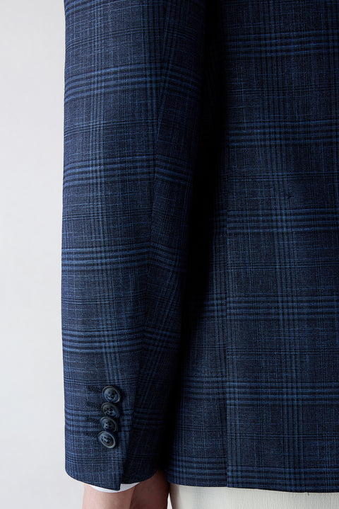 Açık Lacivert 7 Drop Slim Fit Dar Kesim Mono Yaka Klasik Ekose Ceket