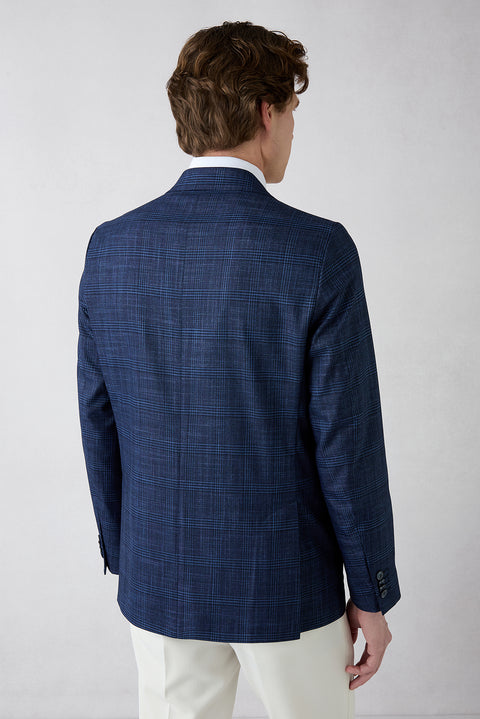 Açık Lacivert 7 Drop Slim Fit Dar Kesim Mono Yaka Klasik Ekose Ceket