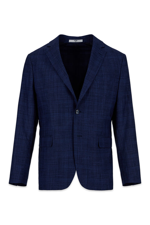 Medium Navy 4-Drop Relaxed Fit Shawl Collar Classic Plaid Jacket