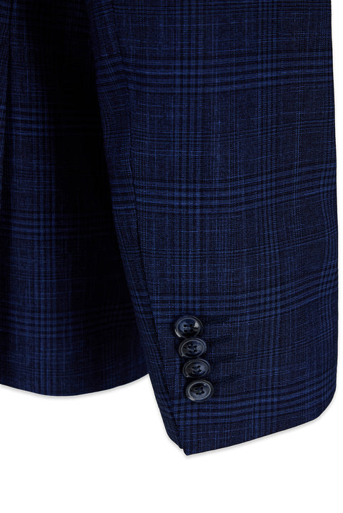 Medium Navy 7 Drop Slim Fit Notch Lapel Classic Plaid Jacket