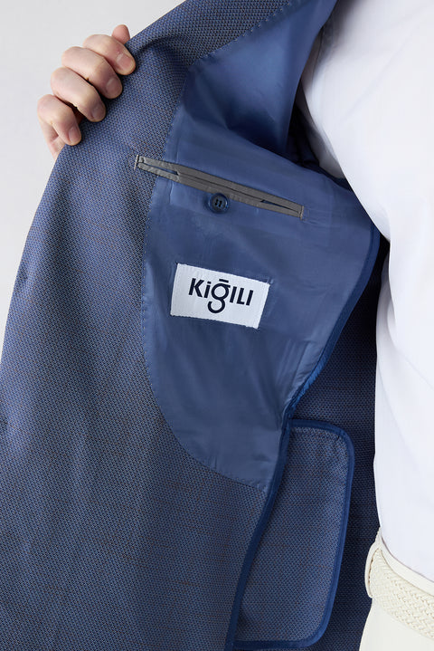 Mid Navy 8 Drop Long Slim Fit Notch Lapel Patterned Stretch Classic Blazer