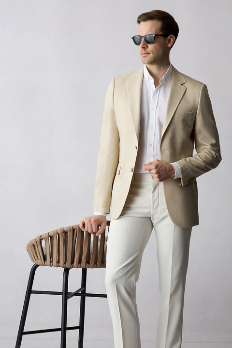 Açık Bej 4 Drop Relaxed Fit Rahat Kesim Mono Yaka Desenli Likralı Klasik Ceket