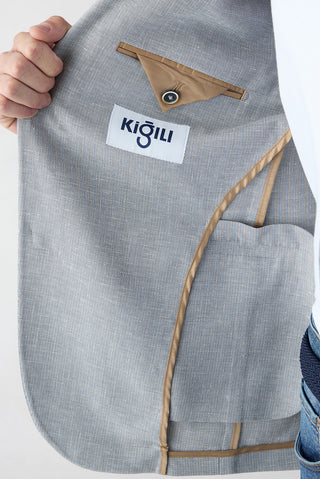  Açık Gri 6 Drop Regular Fit Standart Kesim Mono Yaka Desenli Klasik Keten Karışımlı Ceket