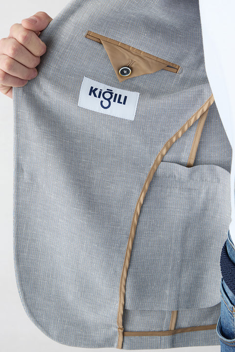Açık Gri 6 Drop Regular Fit Standart Kesim Mono Yaka Desenli Klasik Keten Karışımlı Ceket