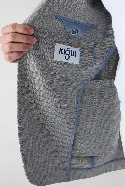 Açık Füme 4 Drop Relaxed Fit Rahat Kesim Mono Yaka Desenli Klasik Keten Karışımlı Ceket