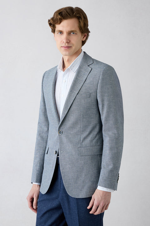 Açık Lacivert 4 Drop Relaxed Fit Rahat Kesim Mono Yaka Desenli Klasik Keten Karışımlı Ceket