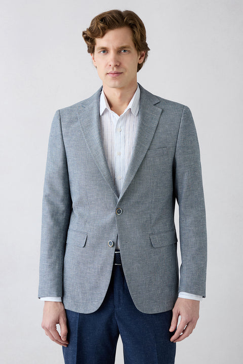 Açık Lacivert 6 Drop Regular Fit Standart Kesim Mono Yaka Desenli Klasik Keten Karışımlı Ceket