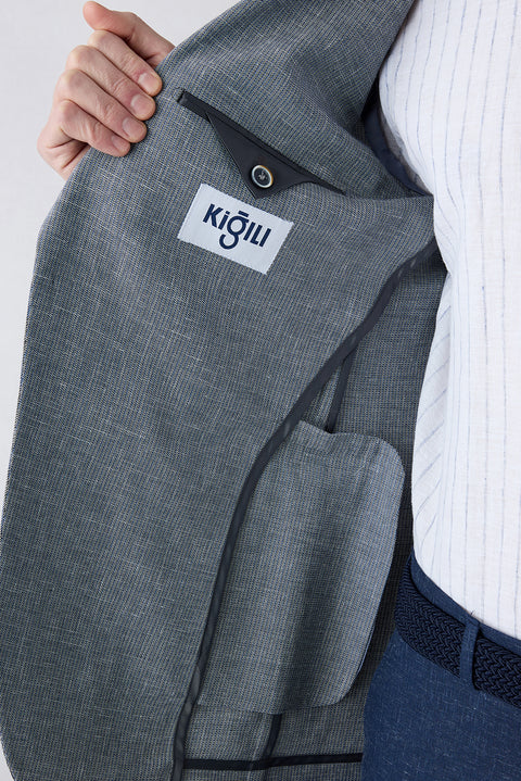 Açık Lacivert 4 Drop Relaxed Fit Rahat Kesim Mono Yaka Desenli Klasik Keten Karışımlı Ceket