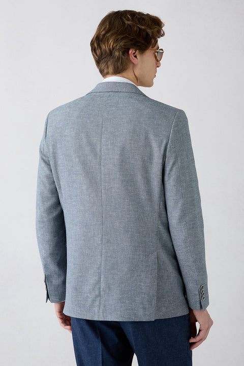 Açık Lacivert 6 Drop Regular Fit Standart Kesim Mono Yaka Desenli Klasik Keten Karışımlı Ceket