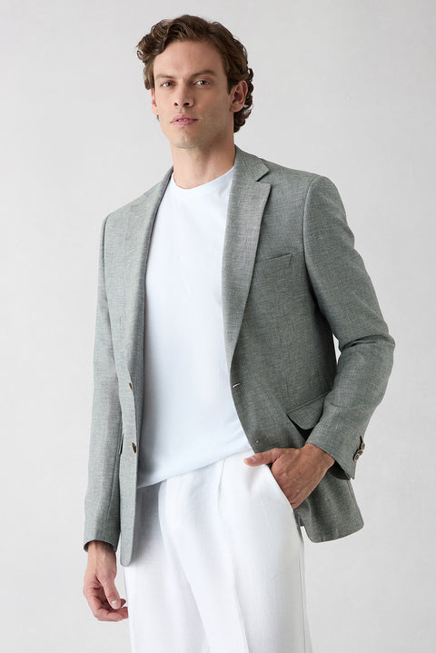 Koyu Yeşil 4 Drop Relaxed Fit Rahat Kesim Mono Yaka Desenli Klasik Keten Karışımlı Ceket