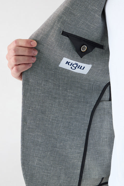 Koyu Yeşil 4 Drop Relaxed Fit Rahat Kesim Mono Yaka Desenli Klasik Keten Karışımlı Ceket