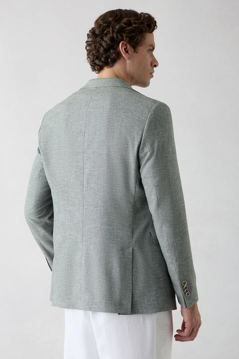 Koyu Yeşil 4 Drop Relaxed Fit Rahat Kesim Mono Yaka Desenli Klasik Keten Karışımlı Ceket