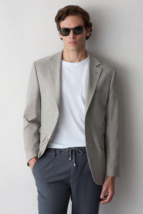 Light Mink 6-Drop Regular Fit Standard Cut Notch Lapel Patterned Classic Linen Blend Jacket