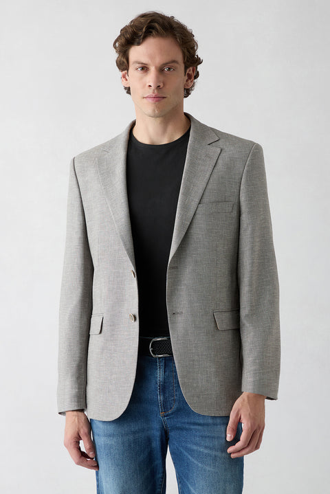 Orta Vizon 4 Drop Relaxed Fit Rahat Kesim Mono Yaka Desenli Klasik Keten Karışımlı Ceket