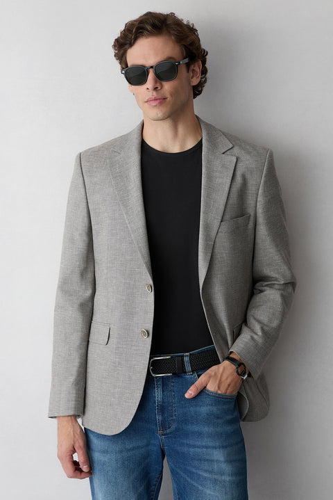Orta Vizon 4 Drop Relaxed Fit Rahat Kesim Mono Yaka Desenli Klasik Keten Karışımlı Ceket