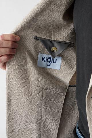  Açık Bej 6 Drop Regular Fit Standart Kesim Mono Yaka Gofreli Çizgili Ceket