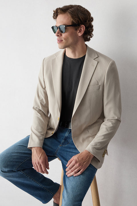 Light Beige 8 Drop Muscle Fit Long Athletic Cut Mono Collar Embossed Striped Jacket