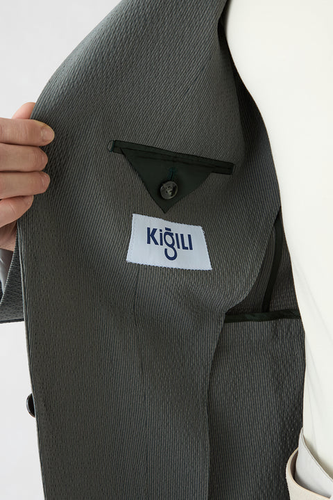 Orta Haki 6 Drop Regular Fit Standart Kesim Mono Yaka Gofreli Çizgili Ceket