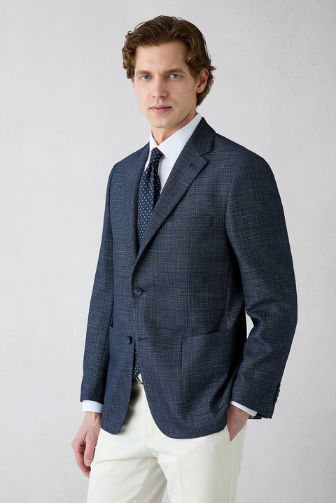 Dark Navy 6-Drop Regular Fit Standard Cut Notch Lapel Patch Pocket Patterned Jacket