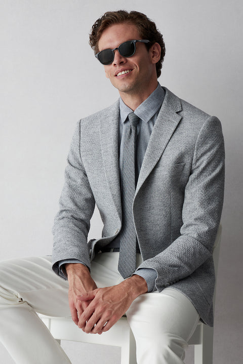 Medium Grey 7 Drop Slim Fit Narrow Cut Mono Collar Patch Pocket Linen Jacket