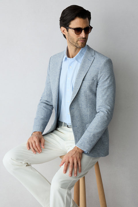 Açık Mavi 7 Drop Super Slim Fit Eksra Dar Kesim Desenli Spor Keten Karışımlı Ceket