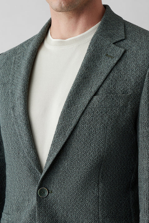 Dark Green 7 Drop Slim Fit Narrow Cut Mono Collar Patch Pocket Linen Jacket