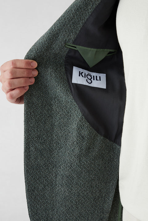 Koyu Yeşil 7 Drop Super Slim Fit Eksra Dar Kesim Desenli Spor Keten Karışımlı Ceket