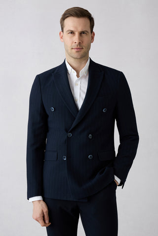  Orta Lacivert 7 Drop Slim Fit Dar Kesim Sivri Yaka Çizgili Kruvaze Ceket