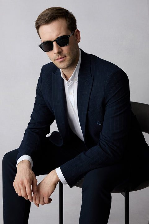 Orta Lacivert Slim Fit Sivri Yaka Kruvaze Kapama Klasik Ceket