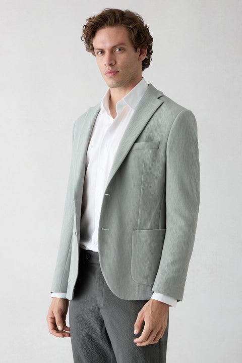 Orta Gri Techno-Line 7 Drop Slim Fit Dar Kesim Mono Yaka Keten Karışımlı Çizgili Çantalı Esnek Ceket