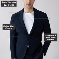 Koyu Lacivert Techno-Line 7 Drop Slim Fit Dar Kesim Mono Yaka Keten Karışımlı Çizgili Çantalı Esnek Ceket