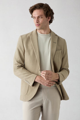 Medium Mink Techno-Line 7 Drop Slim Fit Narrow Cut Single Breasted Linen Blend Striped Flexible Jacket with Pouch
