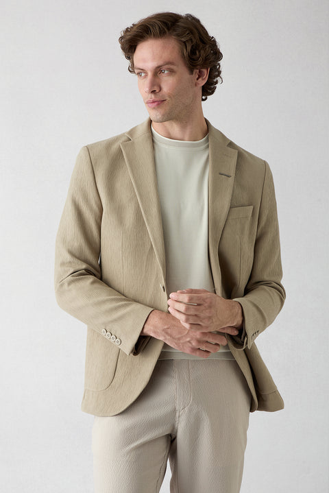 Orta Vizon Techno-Line 7 Drop Slim Fit Dar Kesim Mono Yaka Keten Karışımlı Çizgili Çantalı Esnek Ceket