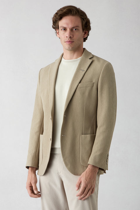 Orta Vizon Techno-Line 7 Drop Slim Fit Dar Kesim Mono Yaka Keten Karışımlı Çizgili Çantalı Esnek Ceket