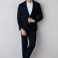 Dark Navy Techno-Line 7 Drop Slim Fit Narrow Cut Striped Linen Blend Flexible Classic Fabric Trousers