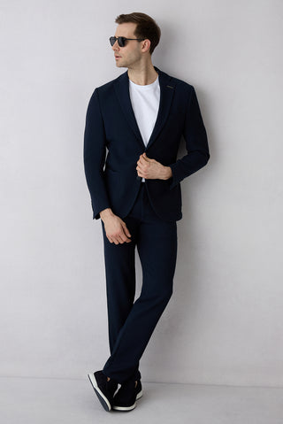  Koyu Lacivert Techno-Line 7 Drop Slim Fit Dar Kesim Çizgili Keten Karışımlı Esnek Klasik Kumaş Pantolon